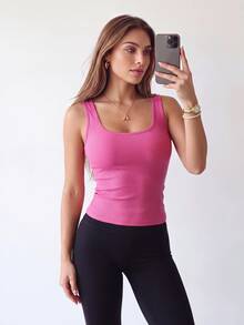 SHEIN Dewbera تي شيرت رياضي كاجوال يومي متعدد الاستخدامات بقصة ضيقة ولون موحد للنساء - روز أحمر - مشاهدة 6