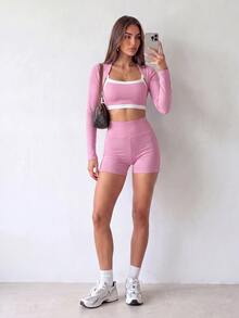 SHEIN Dewbera Women's Pink Tank Top Cropped Vest And Shorts Sports Set - Party Punch - View 8