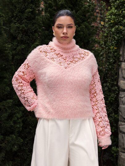 VOLUPTÉ CURVE Plus Size Women's Fall/Winter Pink Top Lace Patchwork Plush High Neck Long Sleeve,  Elegant Casual Party Vacation Business Wedding Guest Outfit