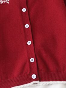 Young Girl Red Bow Pattern Knit Cardigan And White Knit Skirt Cute Set - Red - View 5