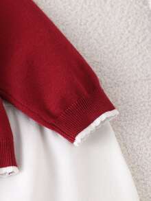 Young Girl Red Bow Pattern Knit Cardigan And White Knit Skirt Cute Set - Red - View 6