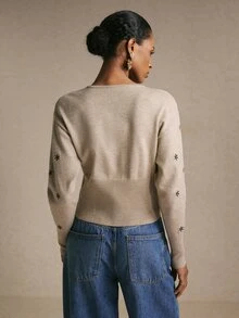 Poéselle Women's Beige Floral Embroidered Knit Cardigan, Long-Sleeve Sweater With Ribbed Fitted Waist, Chic Lightweight Layering Jacket Cottagecore Fall/Winter - Khaki - View 5