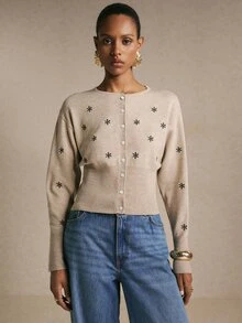 Poéselle Women's Beige Floral Embroidered Knit Cardigan, Long-Sleeve Sweater With Ribbed Fitted Waist, Chic Lightweight Layering Jacket Cottagecore Fall/Winter - Khaki - View 6