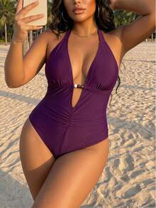 Swim SXY Plus Size Women's Solid Color Halter Neck Ruched One-Piece Swimsuit And Skirt, Suitable For Beach Vacation, Pool Party, Beach Party - Red Violet - View 5