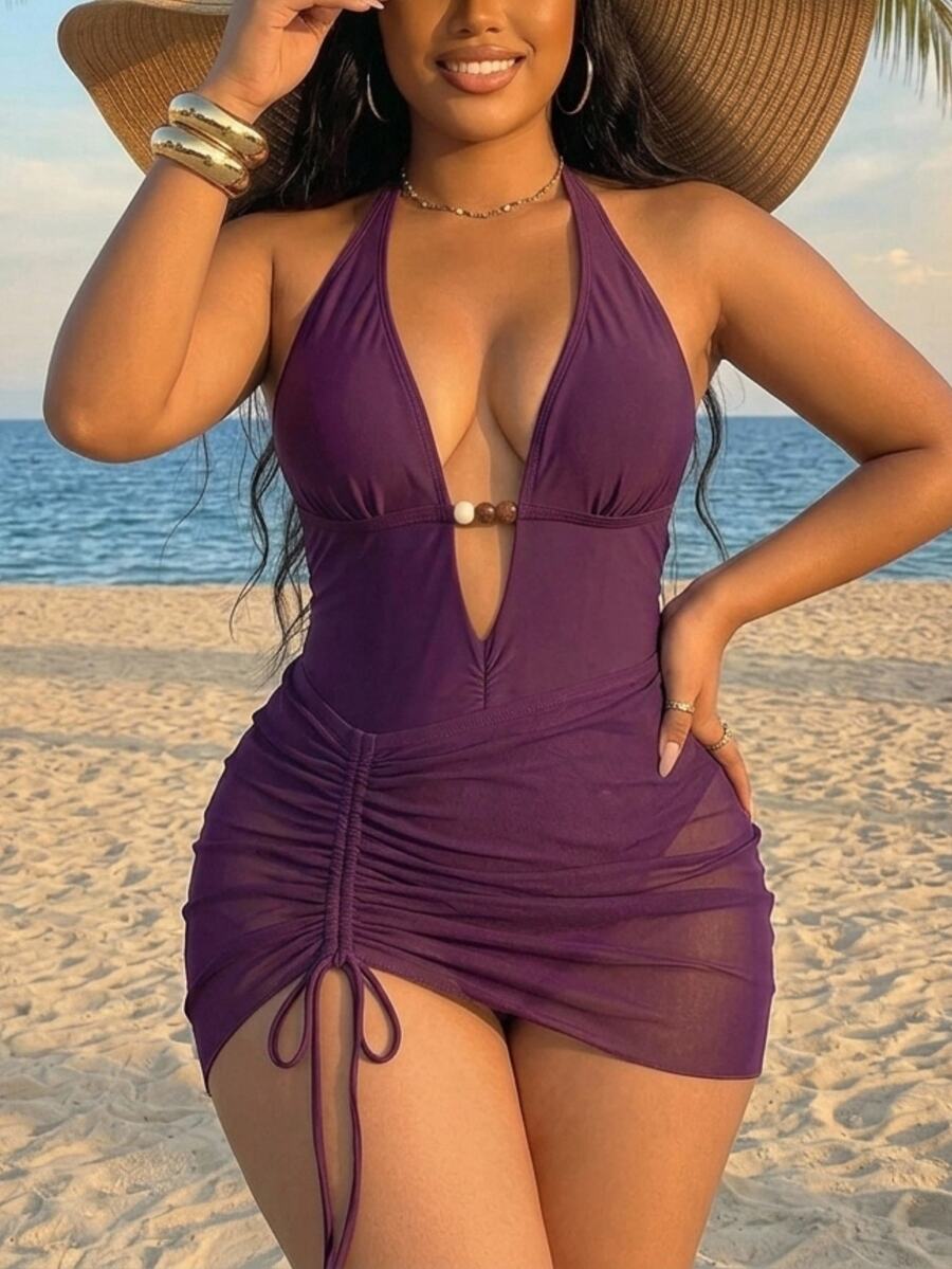 Swim SXY Plus Size Women's Solid Color Halter Neck Ruched One-Piece Swimsuit And Skirt, Suitable For Beach Vacation, Pool Party, Beach Party - Red Violet - View 1