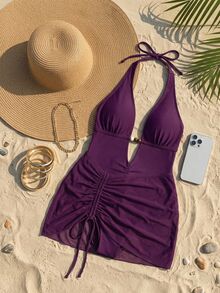 Swim SXY Plus Size Women's Solid Color Halter Neck Ruched One-Piece Swimsuit And Skirt, Suitable For Beach Vacation, Pool Party, Beach Party - Red Violet - View 3