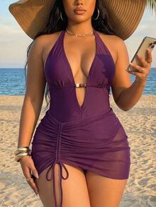 Swim SXY Plus Size Women's Solid Color Halter Neck Ruched One-Piece Swimsuit And Skirt, Suitable For Beach Vacation, Pool Party, Beach Party - Red Violet - View 4