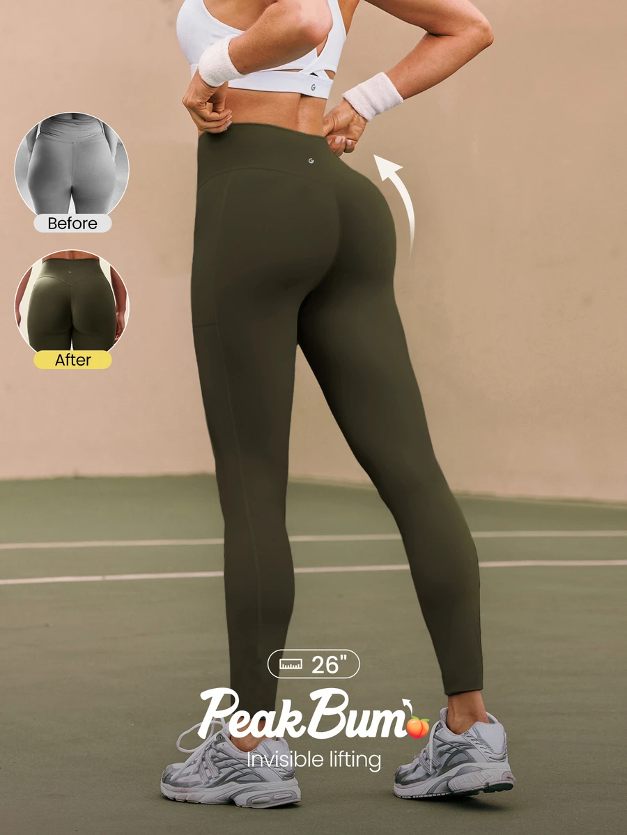 GLOWMODE 26" Powersculpt™ Sweat-Wicking Quick-Dry Invisible Lifting Side Pockets Compression Leggings High Impact Training Workout Gym Running Active Wear - Army Green - View 1
