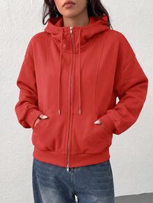 SHEIN EZwear 女款前拉鍊長袖口袋連帽衫，極簡風 - 橘色 - 查看 6