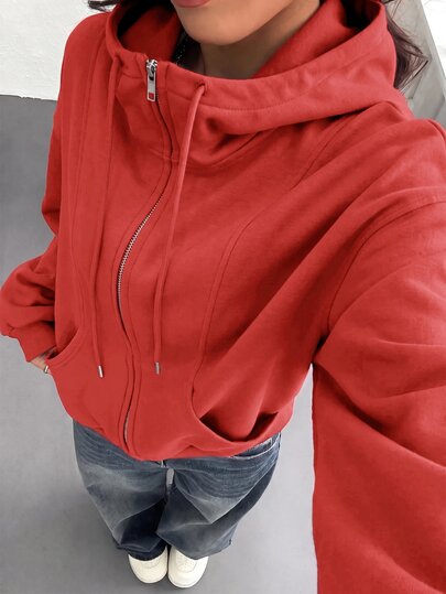 SHEIN EZwear Women's Front Zipper Long Sleeve Pocket Hoodie, Minimalist Casual Streetwear Back-To-School School Holiday Day Time Red Autumn