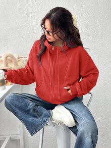 SHEIN EZwear 女款前拉鍊長袖口袋連帽衫，極簡風 - 橘色 - 查看 3