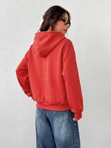 SHEIN EZwear 女款前拉鍊長袖口袋連帽衫，極簡風 - 橘色 - 查看 2