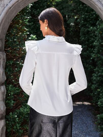 VOLUPTÉ CURVE Summer Women's White Cotton 3D Floral Collar Ruffle Sleeve Shirt, Chic Relaxed Fit Work Office Blouse