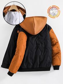 SHEIN 兒童青少年男孩休閒連帽保暖內裡加厚黑色外套，適合秋冬，絎縫外套，冬季外套，派克大衣，填充外套，學校、旅行、外出、生日派對 - 彩色 - 查看 4