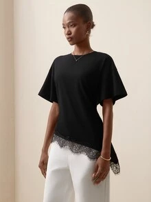 Briarwyn Women's Lace Patchwork Asymmetrical Hem Casual Versatile Daily Wear Top,Summer Top - Black - View 4