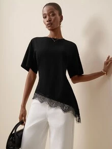 Briarwyn Women's Lace Patchwork Asymmetrical Hem Casual Versatile Daily Wear Top,Summer Top - Black - View 9