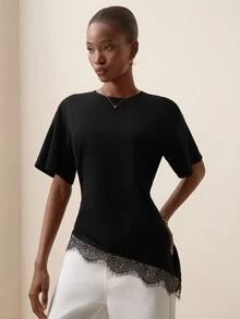 Briarwyn Women's Lace Patchwork Asymmetrical Hem Casual Versatile Daily Wear Top,Summer Top - Black - View 8