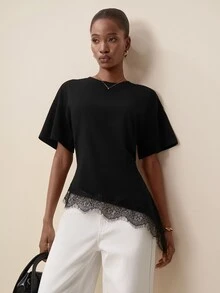 Briarwyn Women's Lace Patchwork Asymmetrical Hem Casual Versatile Daily Wear Top,Summer Top - Black - View 5