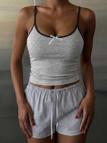 Livesso 2pcs/Set Contrast Color Shoulder Strap Slim Fit Camisole & Striped Short Pajama Pants Summer Loungewear Set For Women - Grey - View 4