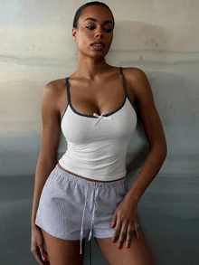 Strévra Women's Contrast Trim Camisole And Striped Print Shorts Pajama Set Summer - White - View 5
