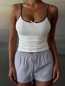 Strévra Women's Contrast Trim Camisole And Striped Print Shorts Pajama Set Summer - White - View 4