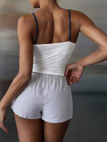 Strévra Women's Contrast Trim Camisole And Striped Print Shorts Pajama Set Summer - White - View 2