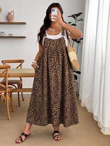 Enliva Plus Size Leopard Print Casual Vacation Strap Dress - Brown - View 7
