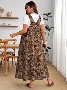 Enliva Plus Size Leopard Print Casual Vacation Strap Dress - Brown - View 3