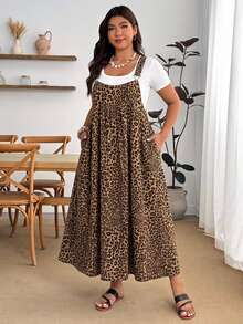 Enliva Plus Size Leopard Print Casual Vacation Strap Dress - Brown - View 6