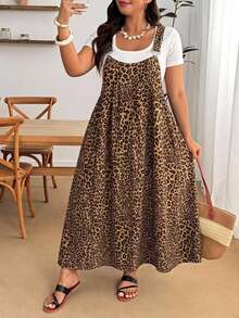 Enliva Plus Size Leopard Print Casual Vacation Strap Dress - Brown - View 5