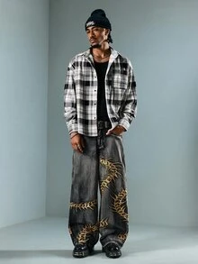 ROMWE MEN Casual 大尺碼男士動物刺刺前衛嘻哈牛仔褲 - 銅色 - 查看 7