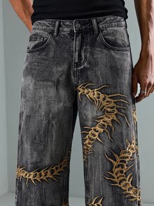 ROMWE MEN Casual 大尺碼男士動物刺刺前衛嘻哈牛仔褲 - 銅色 - 查看 2