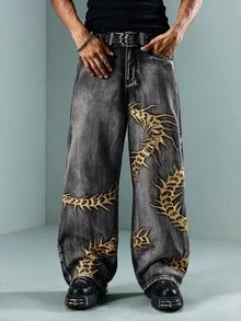 ROMWE MEN Casual 大尺碼男士動物刺刺前衛嘻哈牛仔褲 - 銅色 - 查看 5