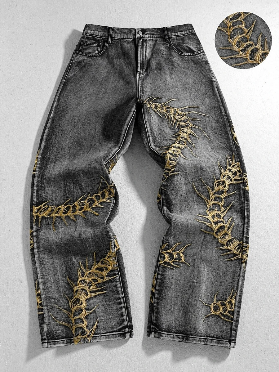 ROMWE MEN Casual Plus Size Men's Animal Thorn Avant-Garde Hip Hop Denim Jeans - Bronze - View 1