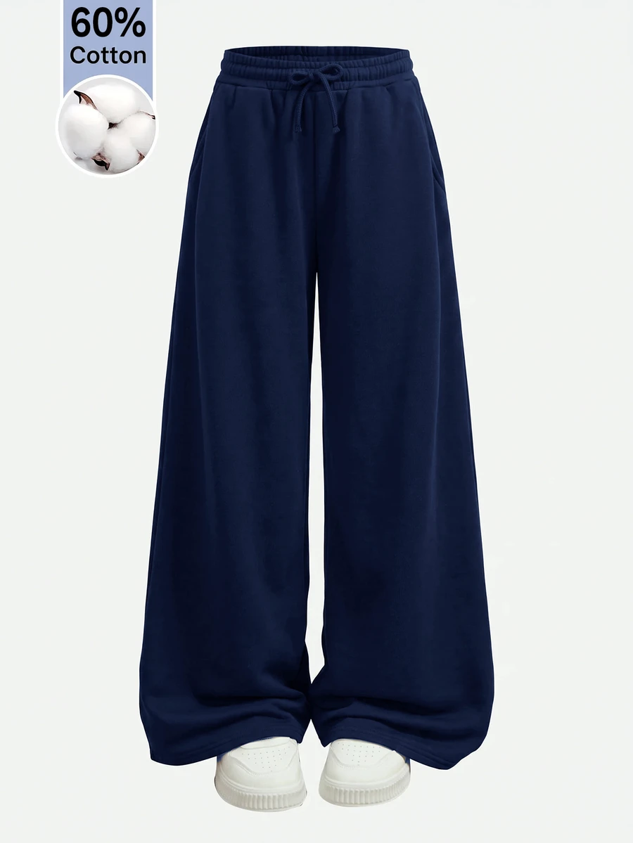 SHEIN Girlism Tween Girl Knit Light Kids Gray Loose Casual Versatile Drawstring Pocket Wide Leg Sweatpants - Navy Blue - View 1