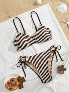 Swim Chiccia Women's Striped Knitted Jacquard Fabric Fine Shoulder Strap Knot Casual Vacation Cute Bikini Set - Multicolor - View 7