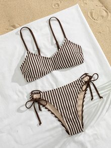 Swim Chiccia Women's Striped Knitted Jacquard Fabric Fine Shoulder Strap Knot Casual Vacation Cute Bikini Set - Multicolor - View 3