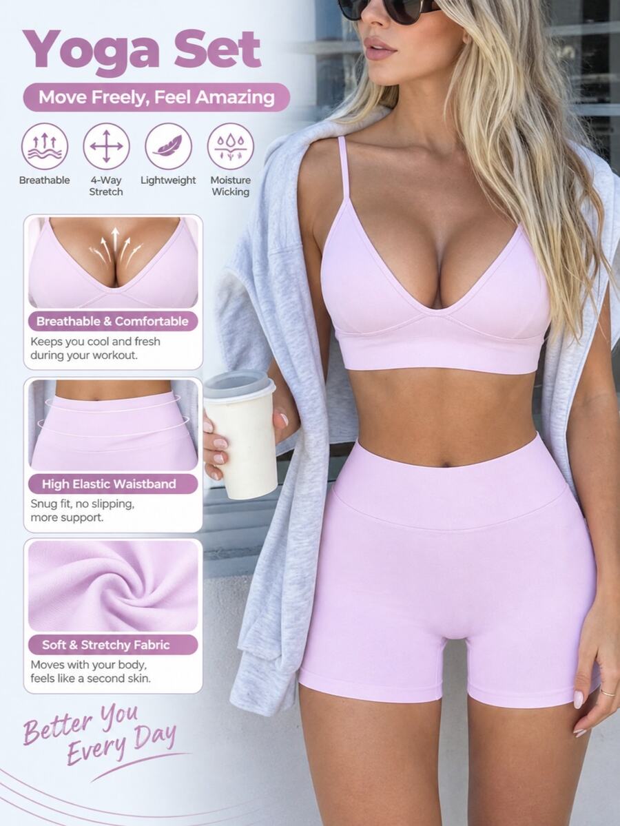 SHEIN Dewbera Women's Solid Color Cropped Camisole And Shorts Seamless Sports Set - Pink - View 1
