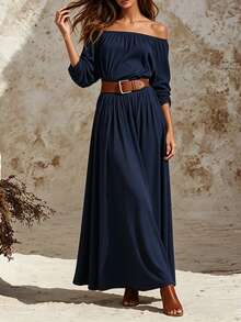 Trelyra New Autumn/Winter Navy Asymmetrical Off-Shoulder Long-Sleeve Dress – Versatile Style For Festivals, Country Outings, And Casual Fall Wear - Navy Blue - View 8