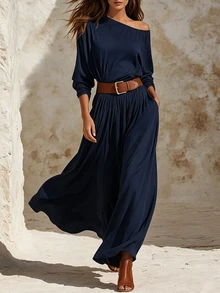 Trelyra New Autumn/Winter Navy Asymmetrical Off-Shoulder Long-Sleeve Dress – Versatile Style For Festivals, Country Outings, And Casual Fall Wear - Navy Blue - View 5