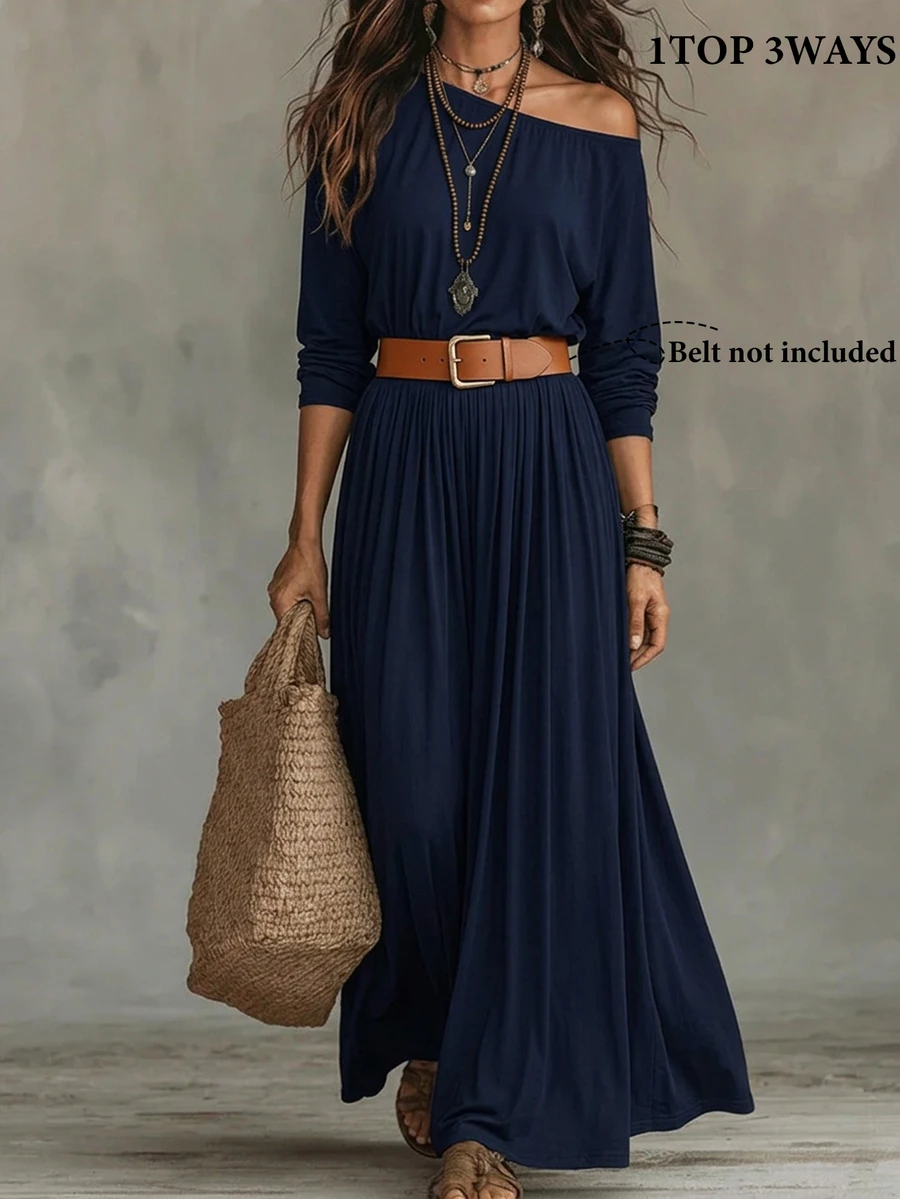 Trelyra New Autumn/Winter Navy Asymmetrical Off-Shoulder Long-Sleeve Dress – Versatile Style For Festivals, Country Outings, And Casual Fall Wear