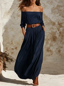 Trelyra New Autumn/Winter Navy Asymmetrical Off-Shoulder Long-Sleeve Dress – Versatile Style For Festivals, Country Outings, And Casual Fall Wear - Navy Blue - View 7