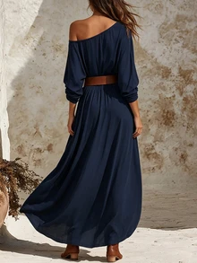 Trelyra New Autumn/Winter Navy Asymmetrical Off-Shoulder Long-Sleeve Dress – Versatile Style For Festivals, Country Outings, And Casual Fall Wear - Navy Blue - View 3