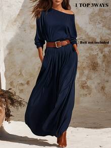 Trelyra New Autumn/Winter Navy Asymmetrical Off-Shoulder Long-Sleeve Dress – Versatile Style For Festivals, Country Outings, And Casual Fall Wear - Navy Blue - View 4