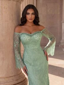 Modelyn High-End Evening Gown, Beaded Elegant Queen Elegant Luxury Cold Shoulder Dress Wedding Formal Party Gala Dinner Vow Sage Green Winter - Green - View 3