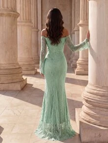 Modelyn High-End Evening Gown, Beaded Elegant Queen Elegant Luxury Cold Shoulder Dress Wedding Formal Party Gala Dinner Vow Sage Green Winter - Green - View 2