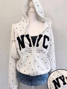 Kids Tween Girl Hooded Drawstring Black And White Polka Dot Letter Print Zipper Front Sweatshirt Back-To-School School Autumn Streetwear - White - View 2