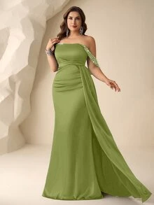 Coutiva 大尺碼正式仿珍珠裝飾百褶緞帶露肩晚禮服洋裝 (重工風格) - 綠色 - 查看 3