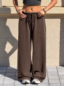 Muchica Chocolate Brown Washed Solid Color Twist Casual Wide Leg Pants - Chocolate Brown - View 4