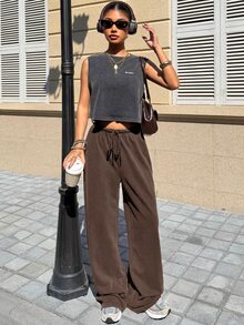 Muchica Chocolate Brown Washed Solid Color Twist Casual Wide Leg Pants - Chocolate Brown - View 5